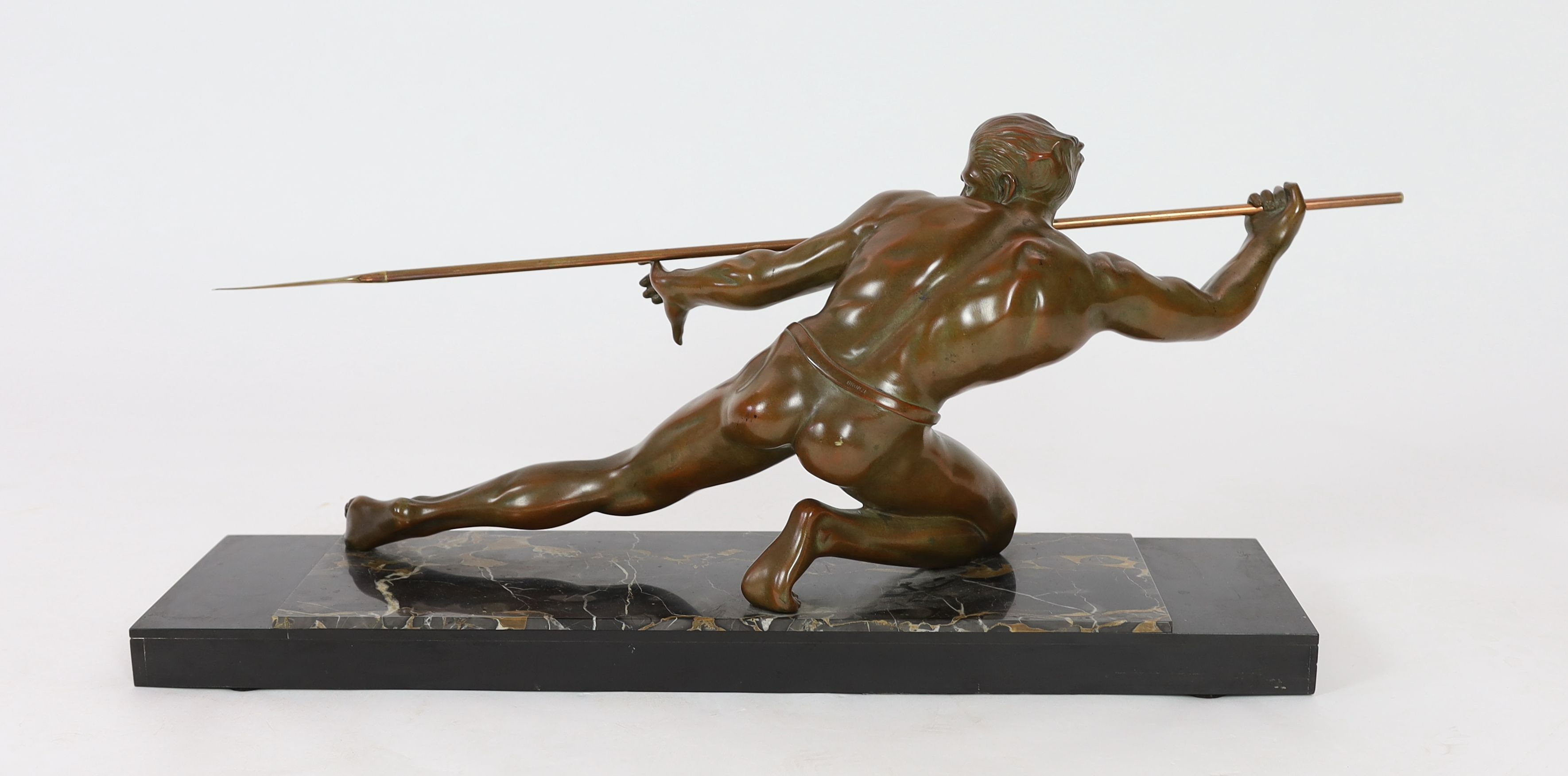 Pierre Joseph Hugonnet. A 1930s French Art Deco bronze model of a spear thrower, length 90cm, height 38cm